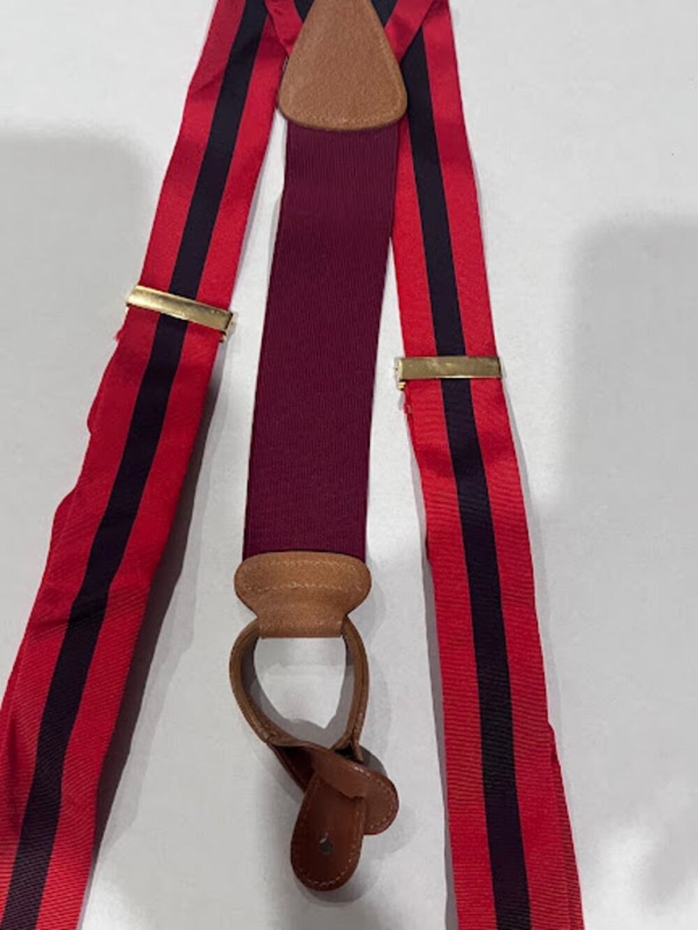 Trafalgar Suspenders Braces Polyester Red Navy Stripes Brown Leather Expandable